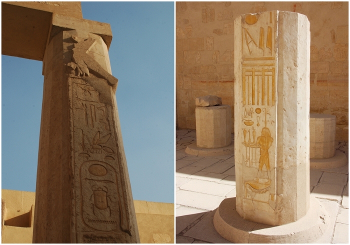 Слева направо: Колонна, на которой заново начертано тронное имя Тутмоса II. \ Сломанная колонна.