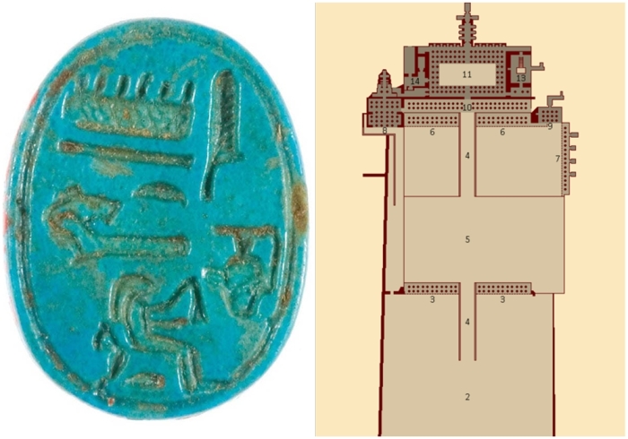 Слева направо: Скарабей, найденный в храме Хатшепсут, с надписью её имени: Хатшепсут, объединённая с Амоном, 1479-1458 гг. до н. э. \ План храма.