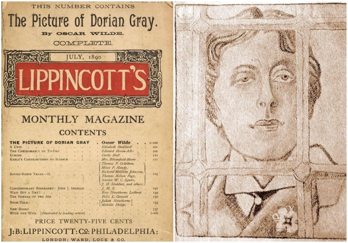 Слева направо: Снимок отрывка Дориана Грея, опубликованный в ежемесячном журнале Lippincotts за 1890 год. \ Баллада Редингской тюрьмы, рисунок М. Дурнова, 1904 год.