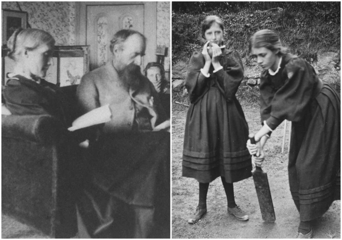 Слева направо: Джулия, Лесли и Вирджиния, библиотека, Талленд-Хаус, 1892 год. \ Вирджиния и Ванесса, 1894 год.