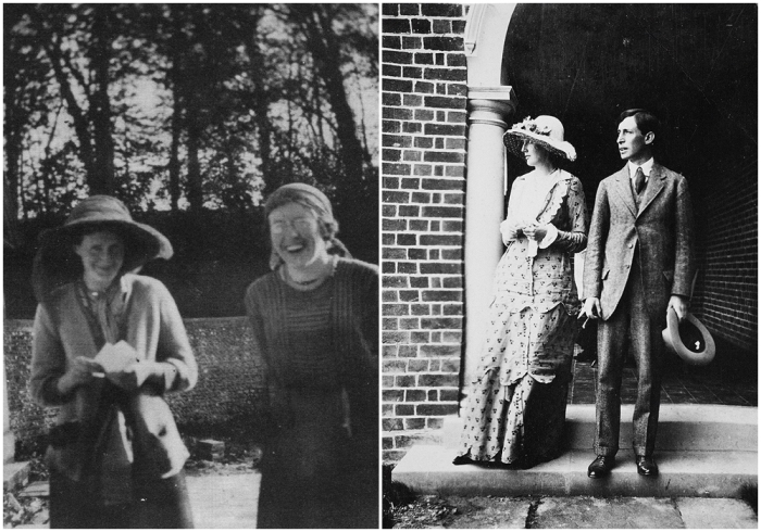 Слева направо: Вирджиния Стивен (слева) с Кэтрин Кокс, Эшам, 1912 глд. \ Фотография помолвки , Вирджиния и ее муж Леонард Вулф, 23 июля 1912 года.