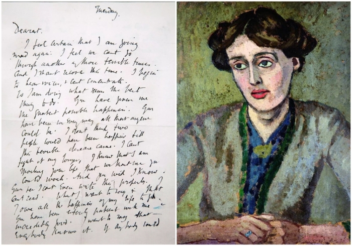 Слева направо: Письмо Вирджинии Вулф своему мужу. \ Портрет Вирджинии Вулф, Роджер Фрай, ок. 1917 года.