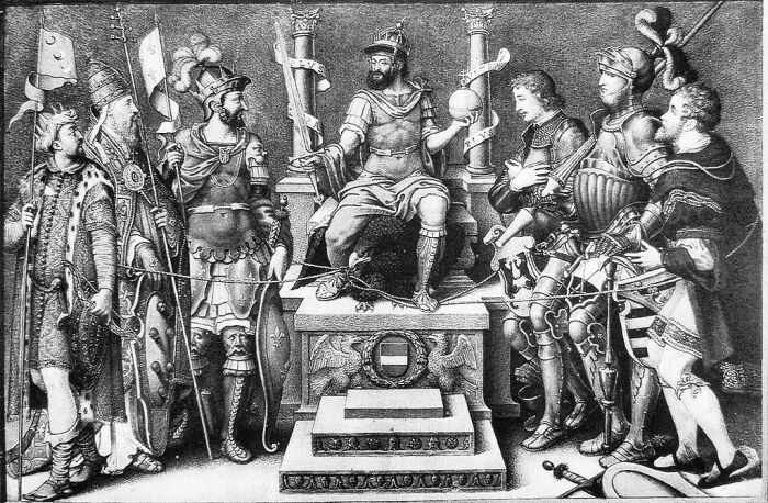 Карл V в окружении поверженных врагов, Джулио Кловио. \ Фото: wikimedia.org.