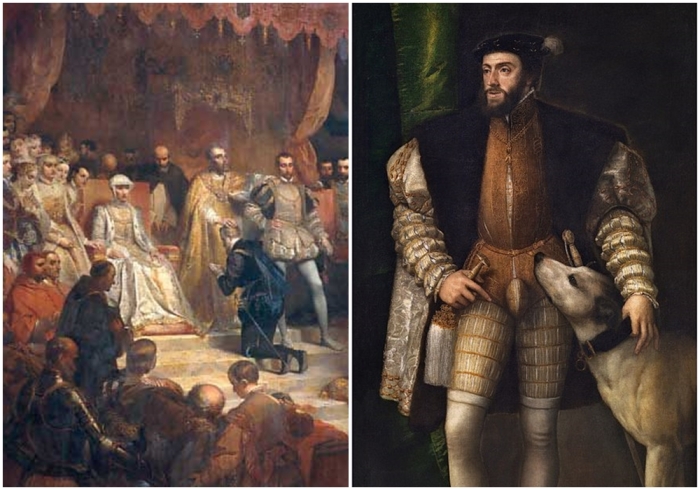 Слева направо: Отречение Карла V, картина Луи Галле. \ Карл V на портрете кисти Тициана, 1532-33 годы.