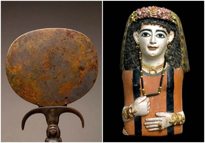 Слева направо: Бронзовое зеркало из Древнего Египта. \ Древнеегипетская маска мумии, 60-70 годы н.э.