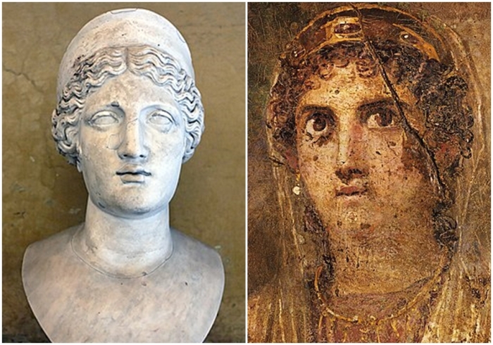Слева направо: Римская копия Геры Барберини. \ Гера на античной фреске из Помпей.