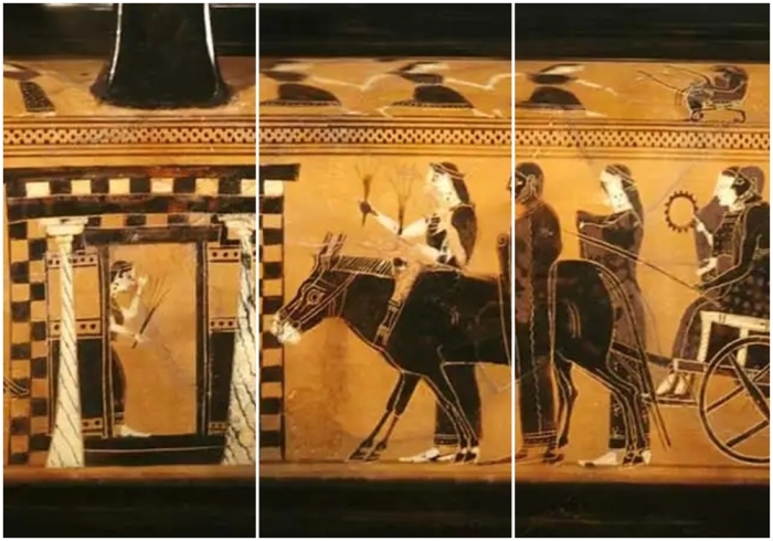 Аттический греческий терракотовый лекифос (сосуд для масла) с изображением свадебной процессии, около 550-530 годы до нашей эры.
