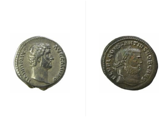 Слева направо: Древнеримская серебряная монета. \ Древнеримская бронзовая монета.