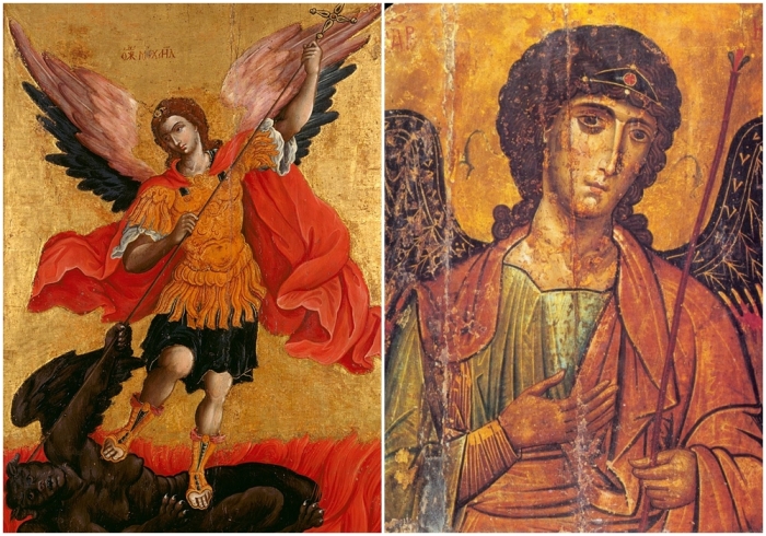 Слева направо: Архангел Михаил на иконе Теодора Пулакиса, 2-я половина XVII века. \ Архангел Михаил, XIII век, Монастырь Святой Екатерины.