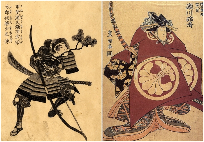 Слева направо: Гравюра самурай 5, Утагава Куниёси. \ Самурай, Утагава Тоёкуни.