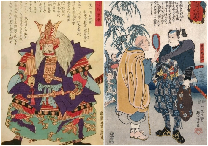 Слева направо: Сегун Токугава Иэясу, Утагава Ёситора, 1873 год. \ Одна из гравюр Утагавы Куниёси, 1848 год.