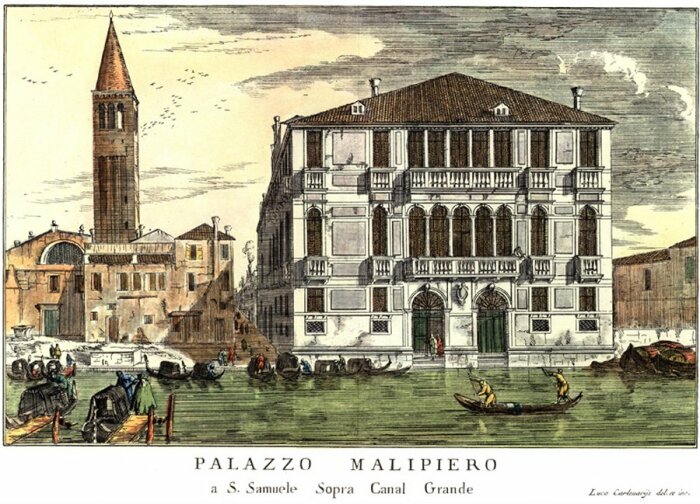 Церковь Сан-Самуэле, где был крещен Казанова, и Палаццо Малипьеро около 1716 года. \ Фото: en.wikipedia.org.