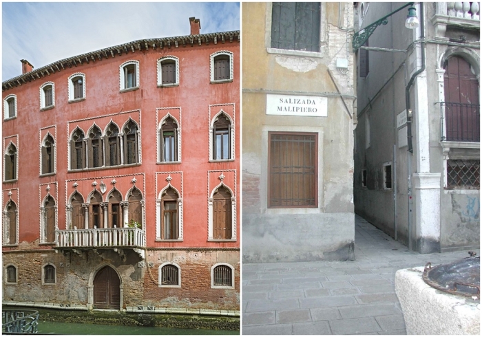 Слева направо: Палаццо Брагадин — резиденция покровителя и приёмного отца Казановы. \ Улица делла Коммедиа (в настоящее время ул. Малипьеро).