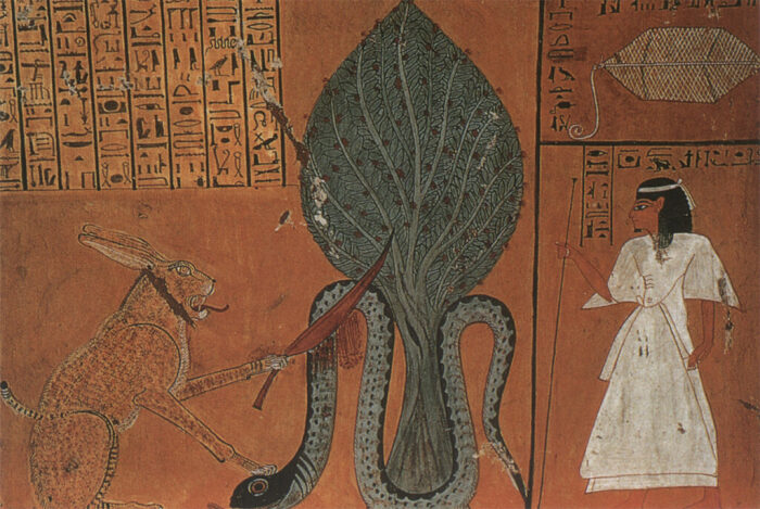 Животное, похожее на кошку, убивающее змея Апофиса, Фиванская гробница Инхерха, около 1160 года до н.э. \ Фото: artmoneyprovenance.com.