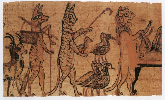 Фрагмент папируса 1150 г. до н.э., изображающий кошку, пасущую стадо гусей, Британский музей, Лондон, Великобритания. \ Фото: google.com.