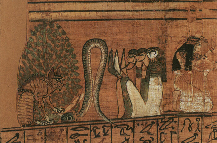 Кошка, убивающая змея Апофиса из Заклинания 17, Книга мёртвых Ани, около 1250 года до н.э. \ Фото: artmoneyprovenance.com.