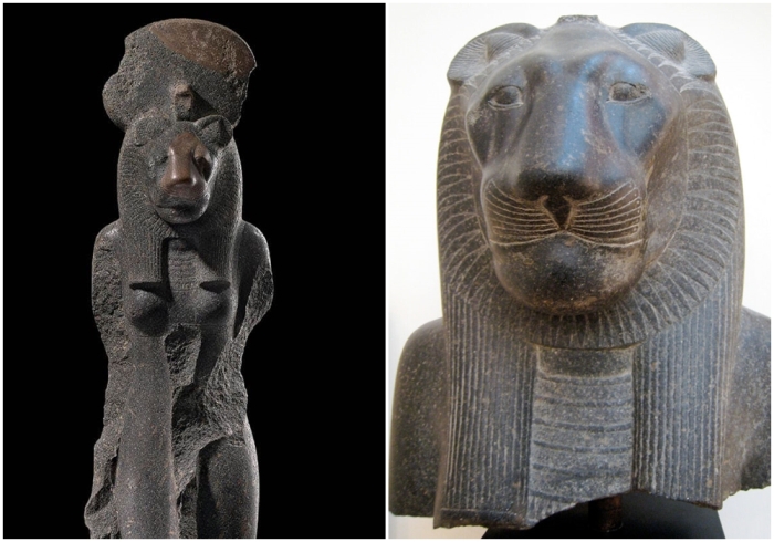 Слева направо: Статуя Сехмет, найденная в Фивах, 18-я династия. \ Гранитная статуя Сехмет из храма Мут, Луксор, Новое Царство 1403-1365 гг. до н.э.