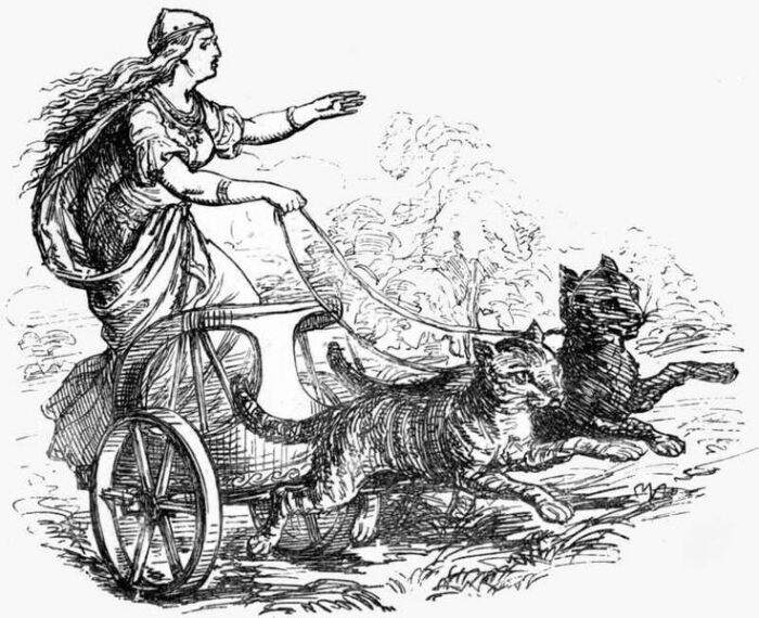 Богиня Фрейя со своими кошками по имени Быгул и Трьегул, Людвиг Пич, 1865 год. \ Фото: pinterest.com.