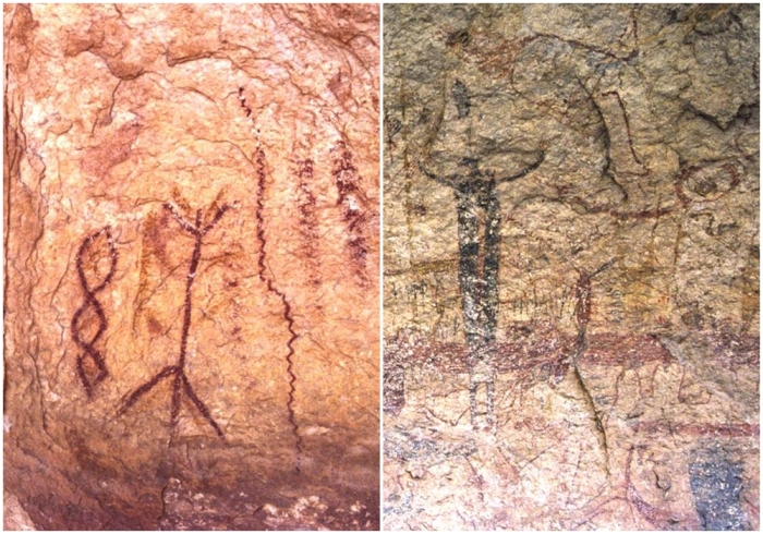 Слева направо: Крупный план красных линейных пиктограмм. \ Пиктограммы в стиле народов Пекоса в каньоне Гремучей змеи.