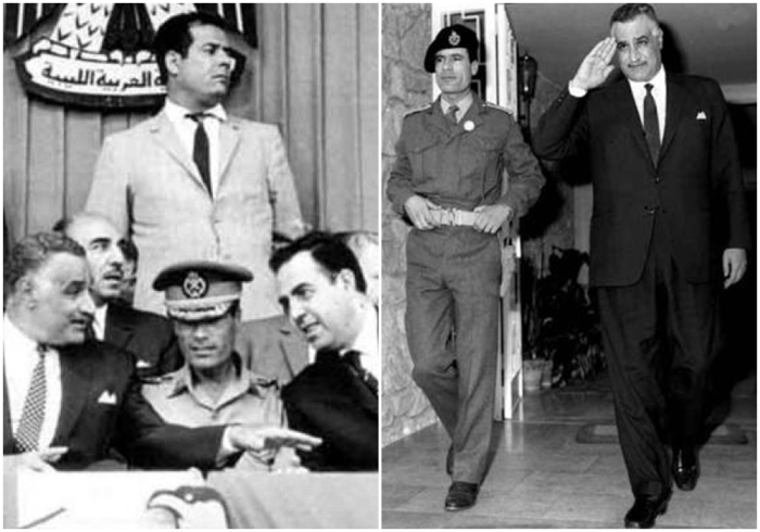 Слева направо: В 1971 году Анвар Садат от Египта, Каддафи от Ливии и Хафез аль-Асад от Сирии подписали соглашение о создании федерального Союза Арабских Республик. Это соглашение так и не воплотилось в федеративный союз между тремя арабскими государствами. \ Каддафи (слева) с президентом Египта Насером в 1969 году. В частном порядке Насер назвал Каддафи «милым мальчиком, но ужасно наивным».