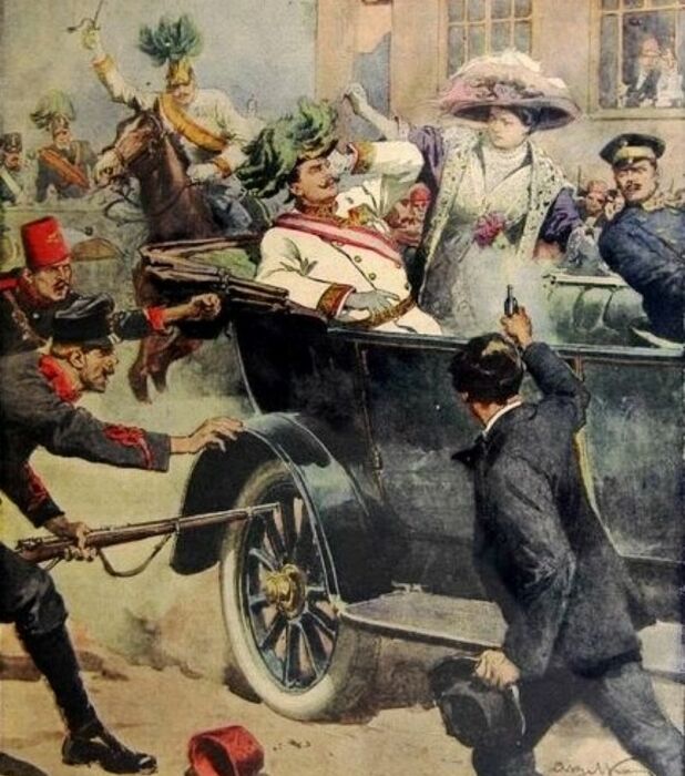 Убийство австрийского эрцгерцога Франца Фердинанда, иллюстрация к газете La Domenica del Corriere, 12 июля 1914 года. \ Фото: hirmagazin.eu.