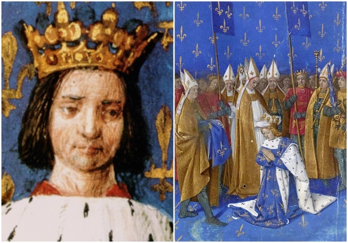 Слева направо: Карл VI в юнности. \ Коронация Карла VI. Миниатюра из «Больших французских хроник».