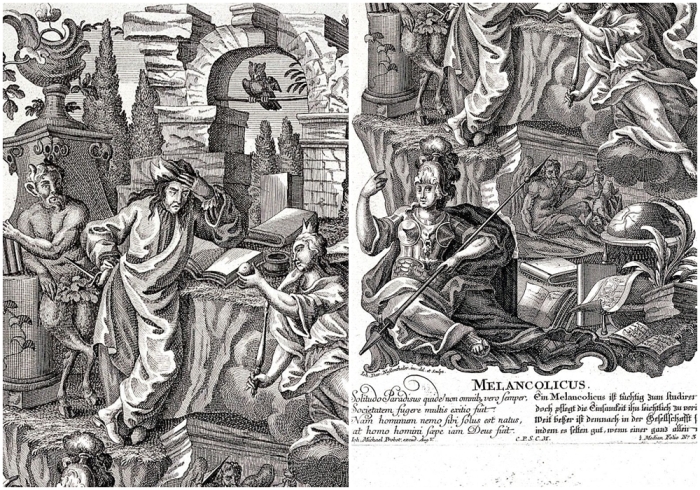 Подавленный учёный, окружённый мифологическими фигурами, олицетворяющий меланхолический темперамент, Дж. Д. Нессенталер, 1750 год.