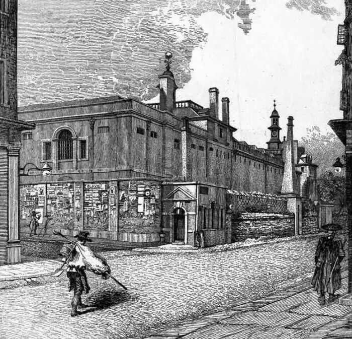 Психиатрическая больница Бетлем (Бедлам), Лондон; вид с юга, с тремя людьми на переднем плане, работа Дж. Т. Смита, 1814 год. \ Фото: bing.com.