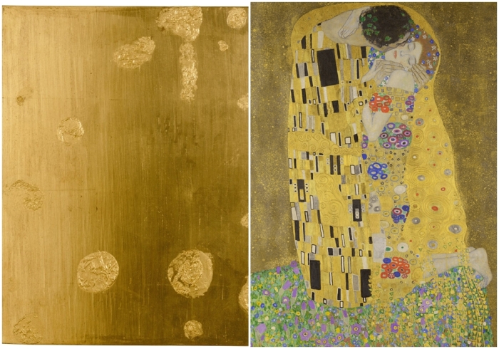Слева направо: Моноголд (без названия), Ив Кляйн, 1959 год. \ Поцелуй, Густав Климт, 1907-8 годы.