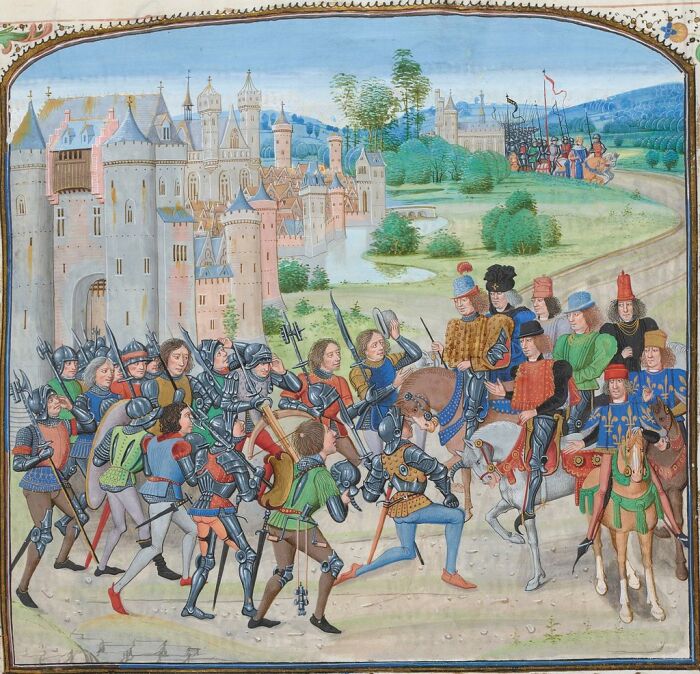 Возвращение короля после битвы при Роозенбеке (1383 год). Миниатюра из «Хроник» Фруассара, XV век. \ Фото: wikipedia.org.