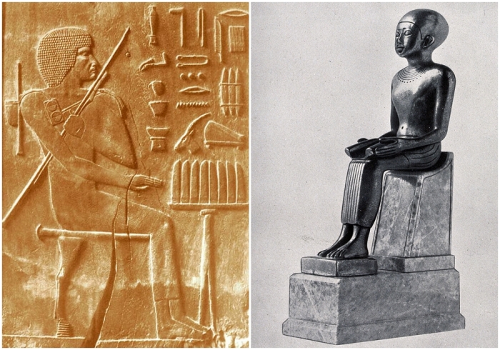 Слева направо: Хесира - один из великих стоматологов», что делает его древнейшим из известных дантистов. \ Имхотеп, архитектор пирамиды царя Джосера, которого боготворили, и с течением веков он превратился в идеального врача.