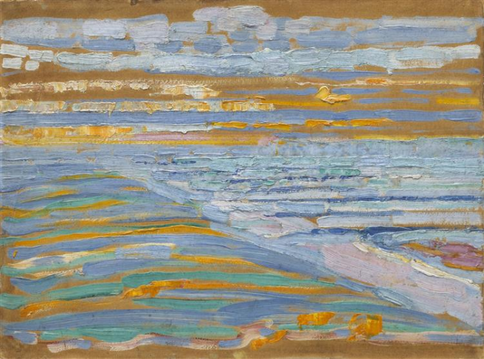 Вид на дюны с пляжем и пирсом, Питер Корнелис Мондриан, 1909 год, масло и карандаш на картоне, Музей современного искусства, Нью-Йорк. \ Фото: pinterest.ru.
