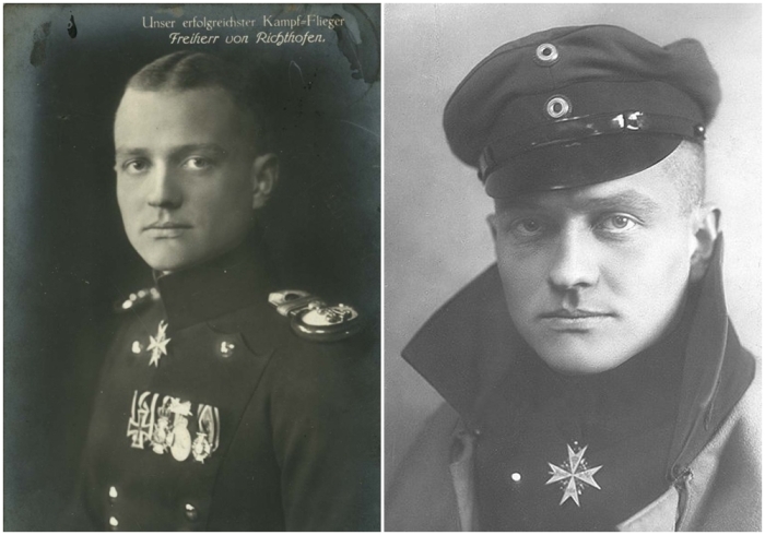 Слева направо: Манфред фон Рихтгофен в форме 1-го уланского Императора России Александра III полка. \ Манфред фон Рихтгофен с орденом Pour le Merite, 1917 год.