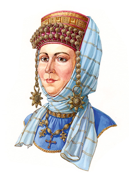 Русская женщина в  уборе с колтами  на ряснах и очельем, вторая половина XII века.