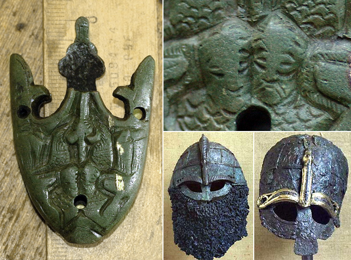Окончание ножен меча с изображением воинов в шлемах с полумасками, аналогичным шлемам из Вальсгарде (Швеция). Найдено в Украине.