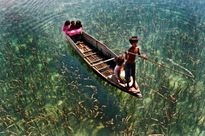 Дети катаются на лодке по кристально чистому озеру.