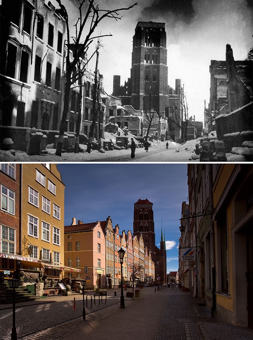 Восстановленная улица в Гнаньске после разрушения во время Второй мировой войны.