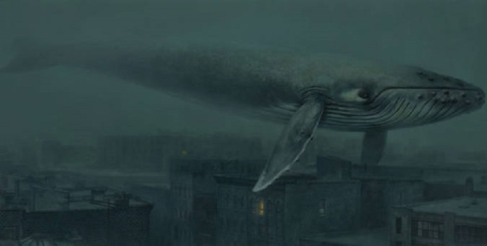 Огромный кит плавающий в тумане над спящим городом.