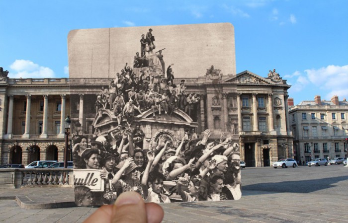 Люди радуются освобождению города от фашистских захватчиков на площади Согласия в 1940 году.