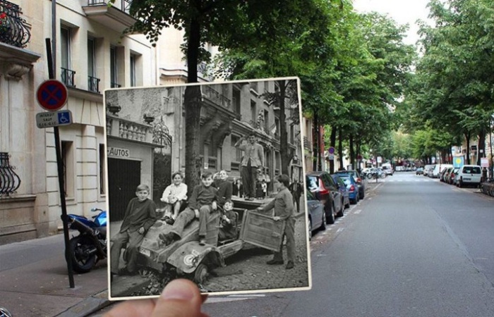 Дети позируют на разбитой военной машине в 1940 году на проспекте Моцарта, где в настоящее время находится парковка для современных автомобилей.