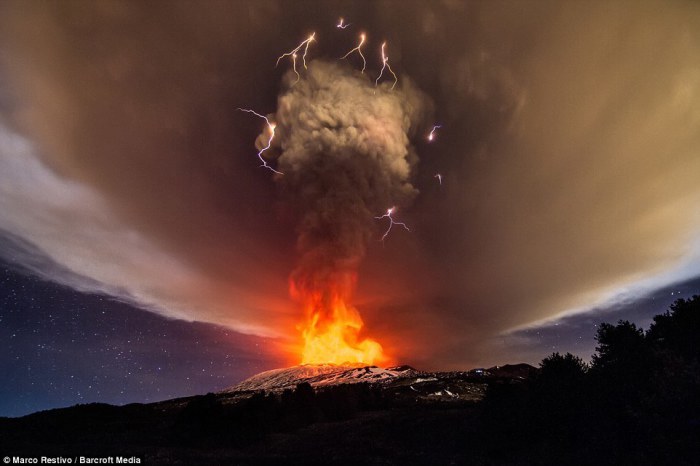 Зрелищное извержение вулкана Этна на Сицилии.
