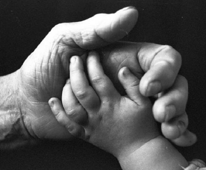 Фото руки и маленькой ручки ребенка, как символ продолжения жизни на Земле.