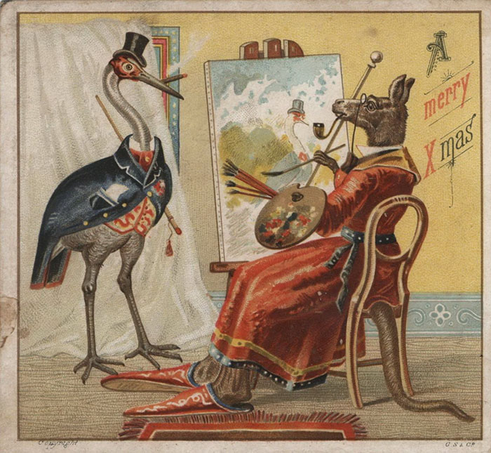Кенгуру с трубкой во рту рисует журавля на мольберте.