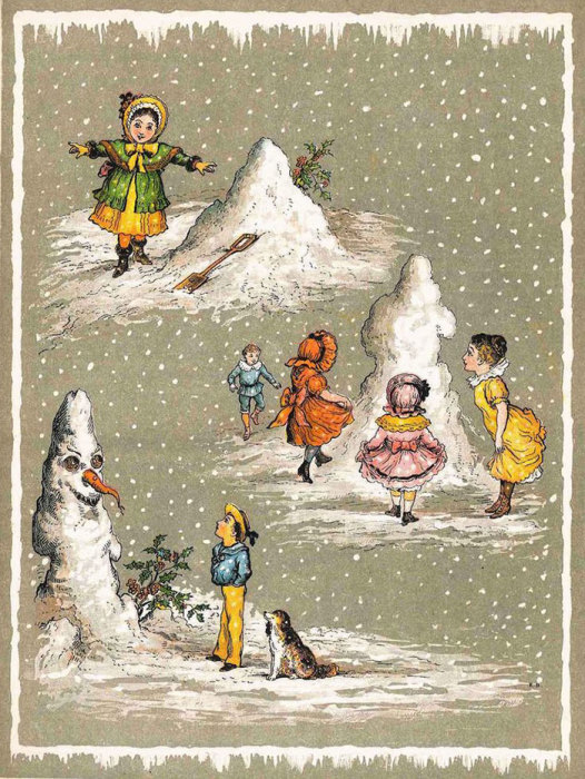 Дети разделились на группы, где каждая лепит своего снеговика.
