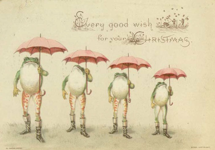 Лягушки с красными зонтами выстроились по росту в ряд.