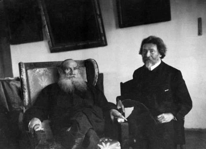 Лев Толстой и Илья Репин, Ясная Поляна, 1908 год.