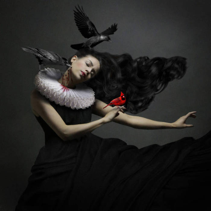 Девушка в черном платье в окружении птиц, покорившаяся судьбе.