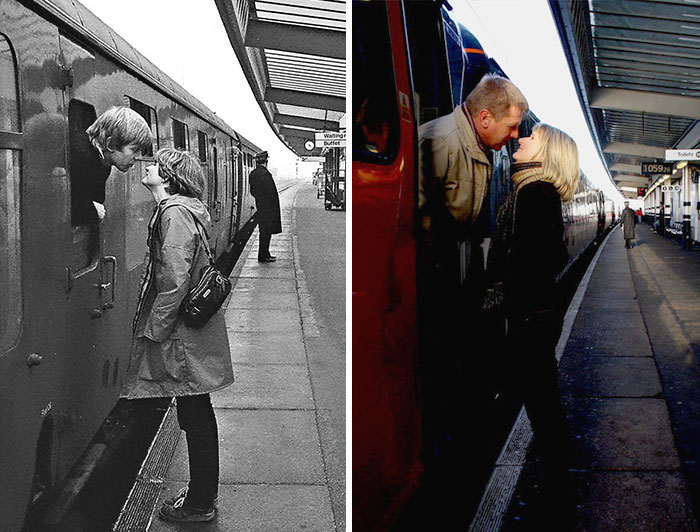 Снимок во время прощального поцелуя со своей девушкой на вокзале в 1980 году.