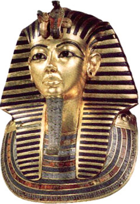 Золотая маска из внутреннего гроба, инкрустированная сердоликом, лазуритом и бирюзой.