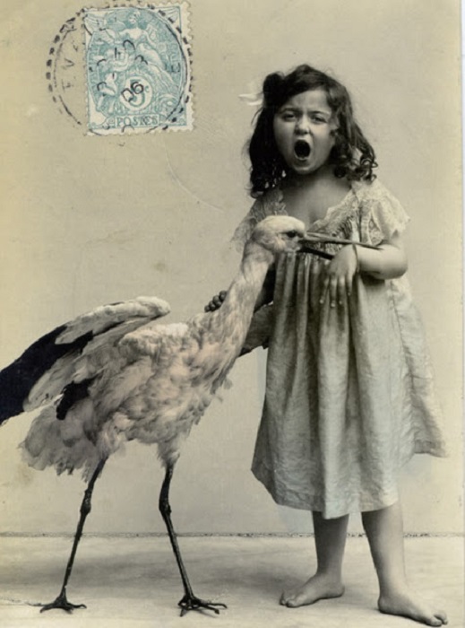 Французская открытка 1900 года с изображением девочки, которую щипает аист.